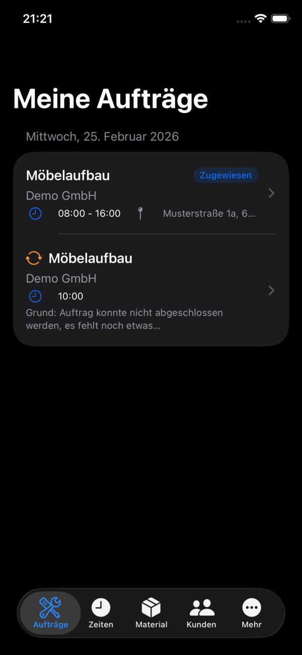 Auftragsliste in der Mein-Rapport App, dunkles Design