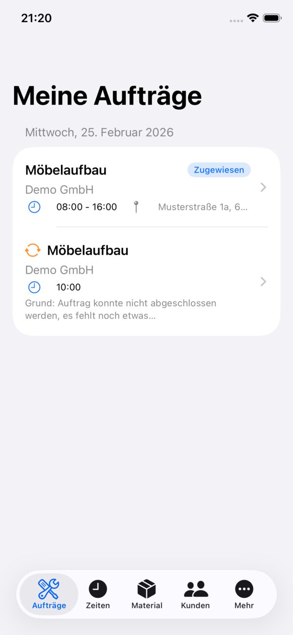 Auftragsliste in der Mein-Rapport App, helles Design